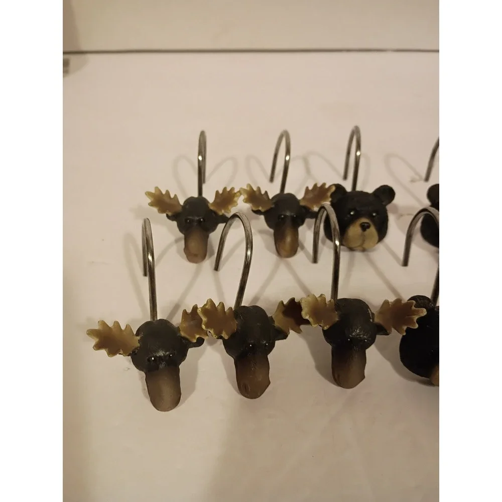 Rustic Bear and Moose Shower Curtain Hooks Set of 12 Lodge Cabin Decor Resin